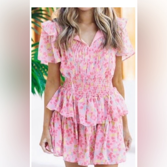 Pink flower ruffle Mini Dress - Picture 1 of 7